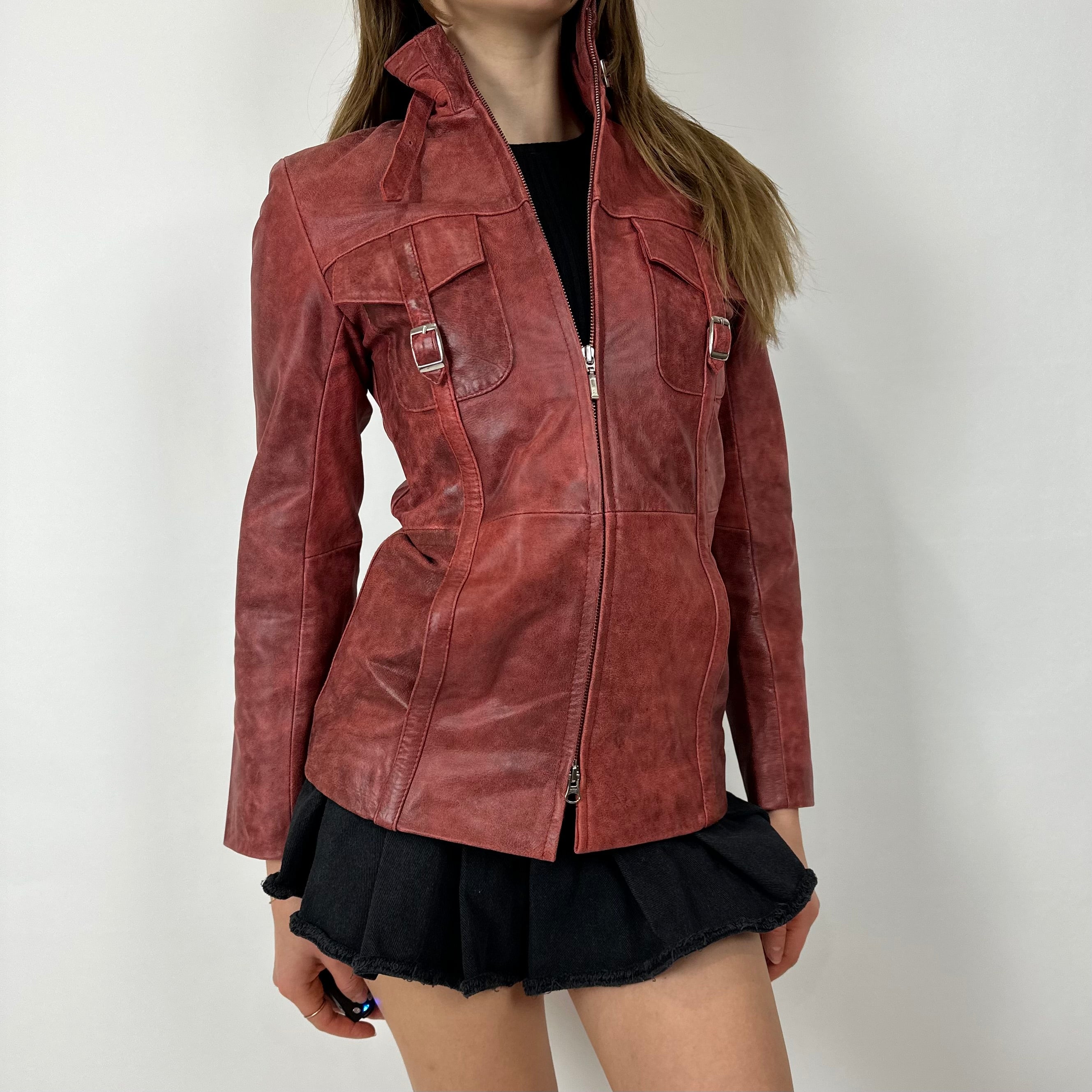 90s Red Leather Jacket (XXS/XS)