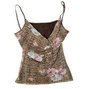 French Vintage 00s floral print micro mesh cami tank (S/M)