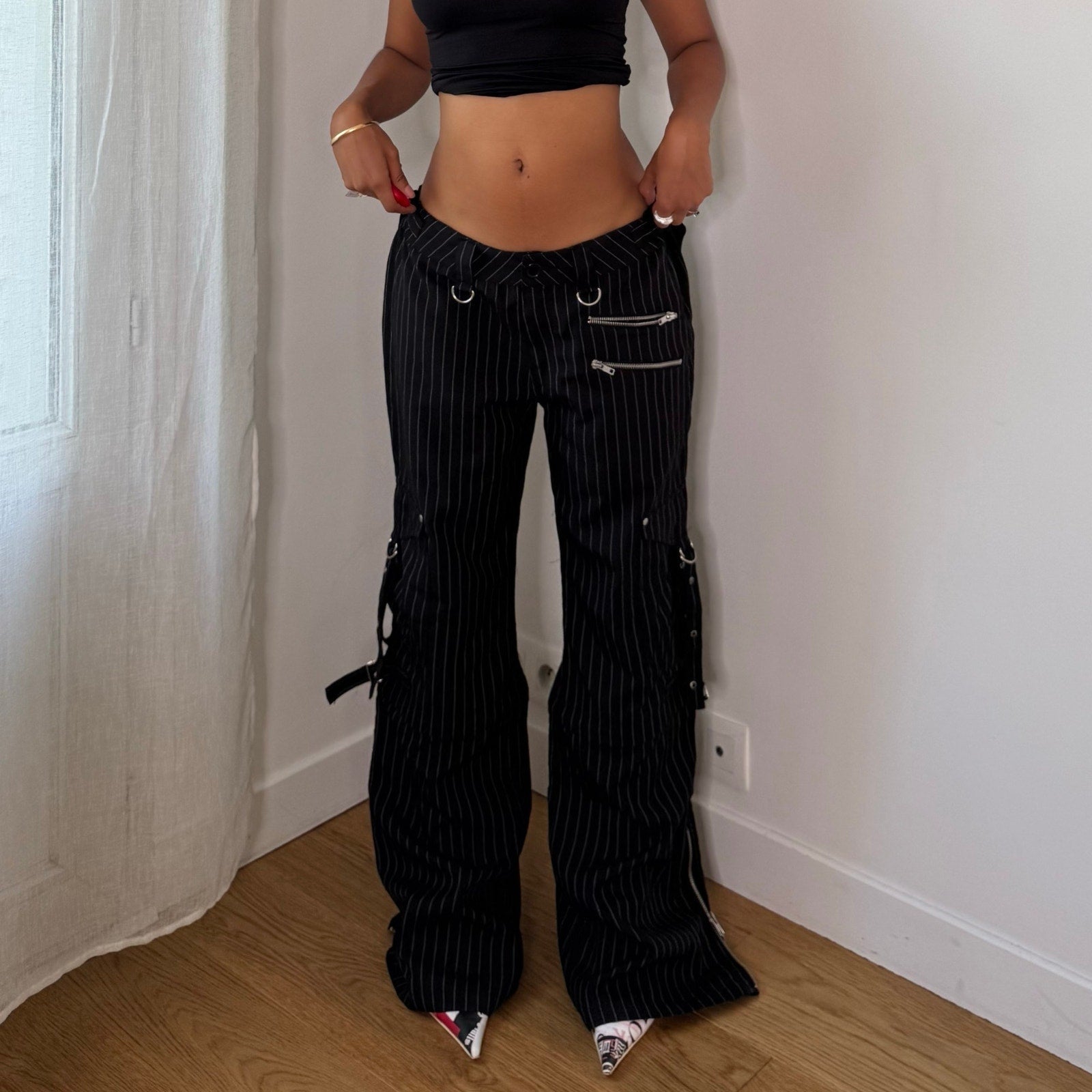Euro Vintage Black Pinstripe Cargo Pants with Zipper & Buckle Details (M)