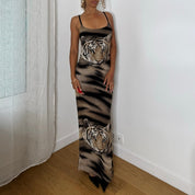 Italian Vintage Tiger Print Mesh Bodycon Maxi Dress (S/M)