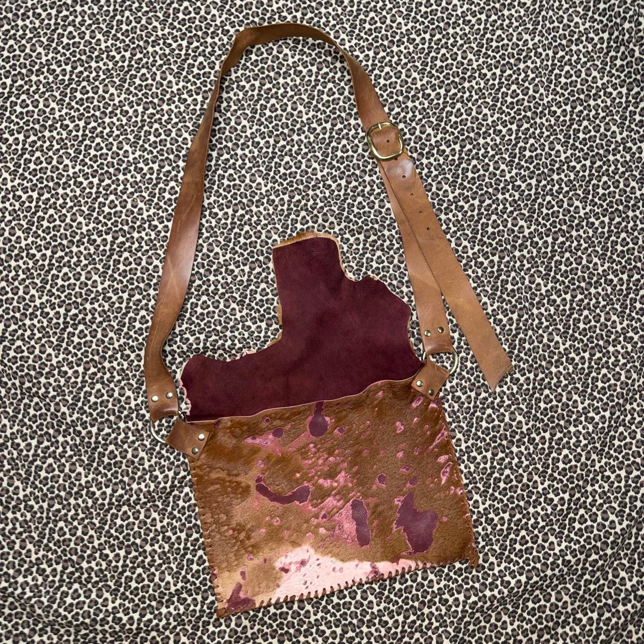 Brown & Burgundy Raw Leather Cowhide Satchel Bag