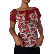 Italian vintage burgundy floral mesh top with beaded sleeves