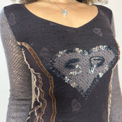 Vintage Euro Brown Graphic Mesh Long Sleeve top (XS)