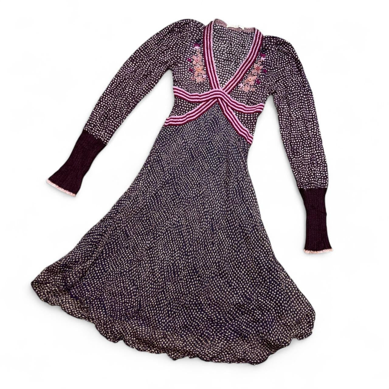 Embroidered Italian Silk & Knit Plum Polka Dot Midi Dress (S)