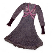Embroidered Italian Silk & Knit Plum Polka Dot Midi Dress (S)
