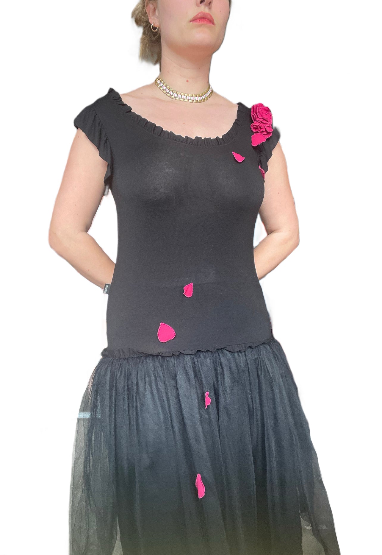 1990s Moschino Black Jersey Dress with Tulle Skirt and Red Hearts (S/M)