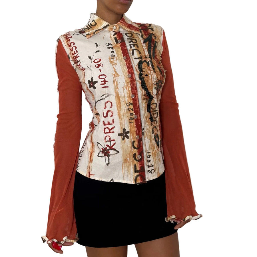 Sonia Fortuna Italian vintage rust orange graphic print mesh top with sequins