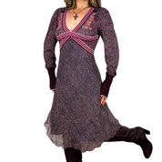Embroidered Italian Silk & Knit Plum Polka Dot Midi Dress (S)