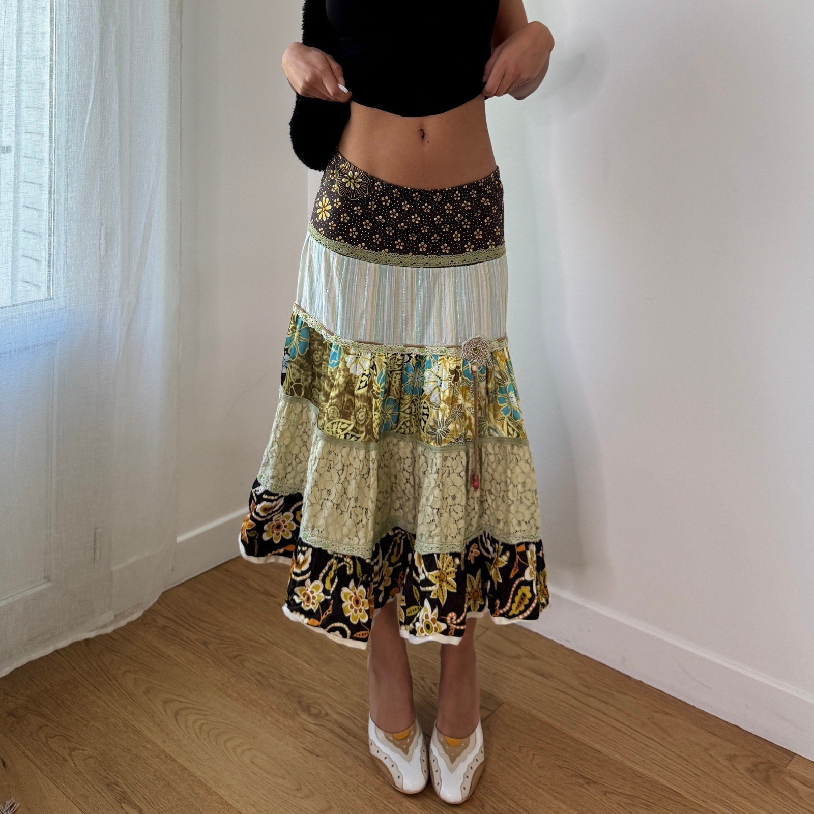 Vintage French Patchwork Tiered Maxi Skirt (S) ⠀
