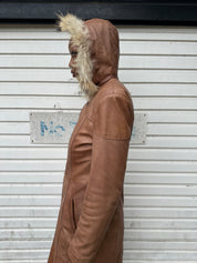 Vintage Italian Fur Hood Leather Trench Coat Jacket (S/M)