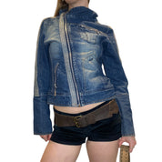 Y2K Asymetrical Zip Cropped Denim Moto Jacket (M)