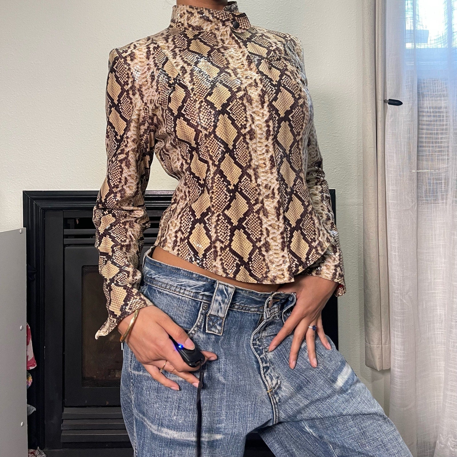 90s Fitted Snake Print Moto Jacket XS