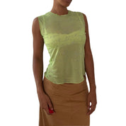 Italian vintage 00s lime green sheer mesh top with silver glitter script