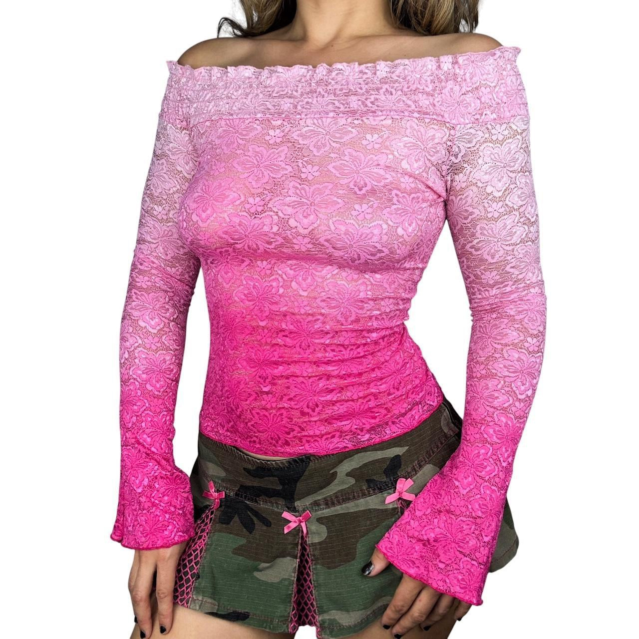 2000s pink lace ombré off the shoulder top (XS/S)