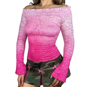 2000s pink lace ombré off the shoulder top (XS/S)