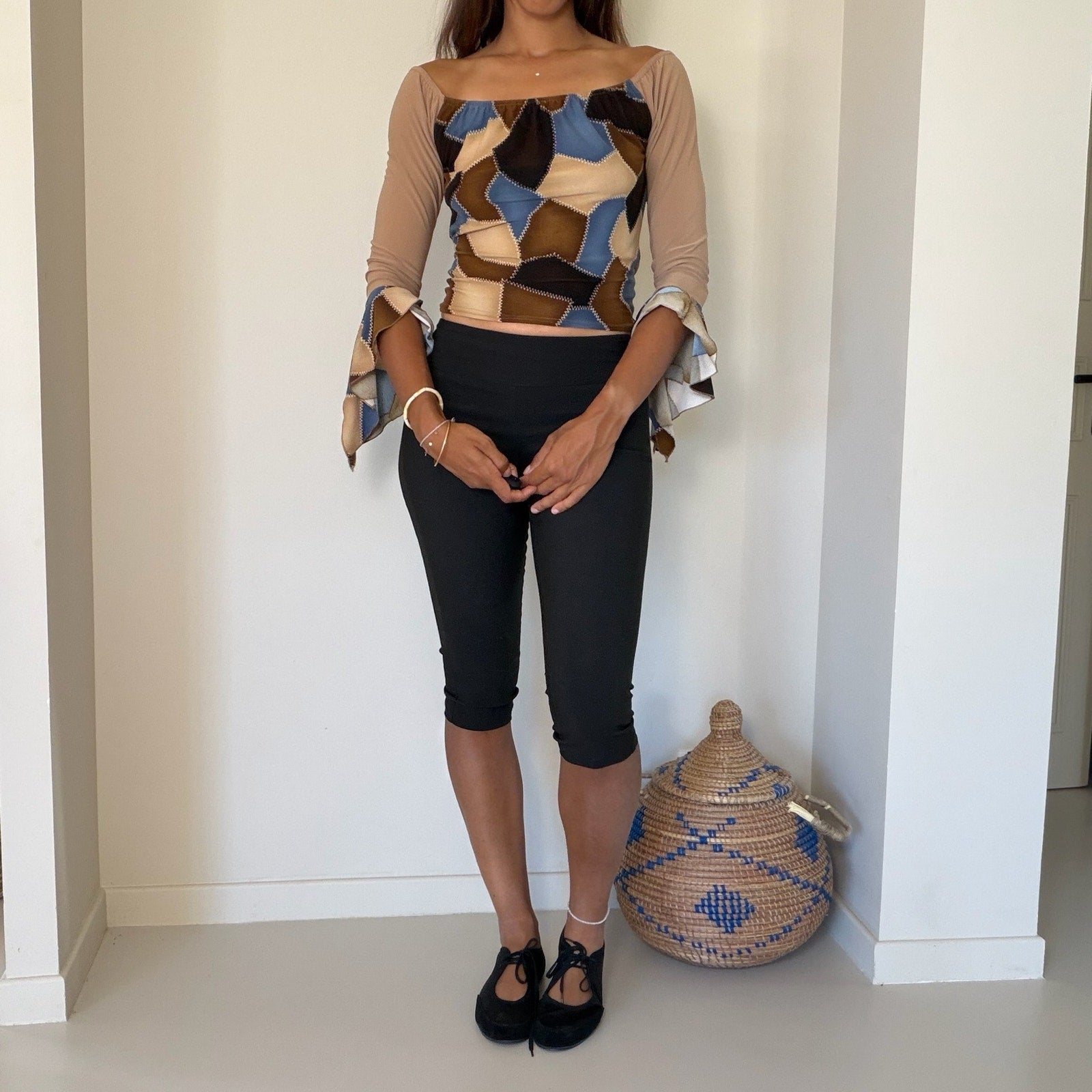 French vintage brown & blue patchwork print top with off shoulder neckline (M/L)