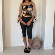 French vintage brown & blue patchwork print top with off shoulder neckline (M/L)