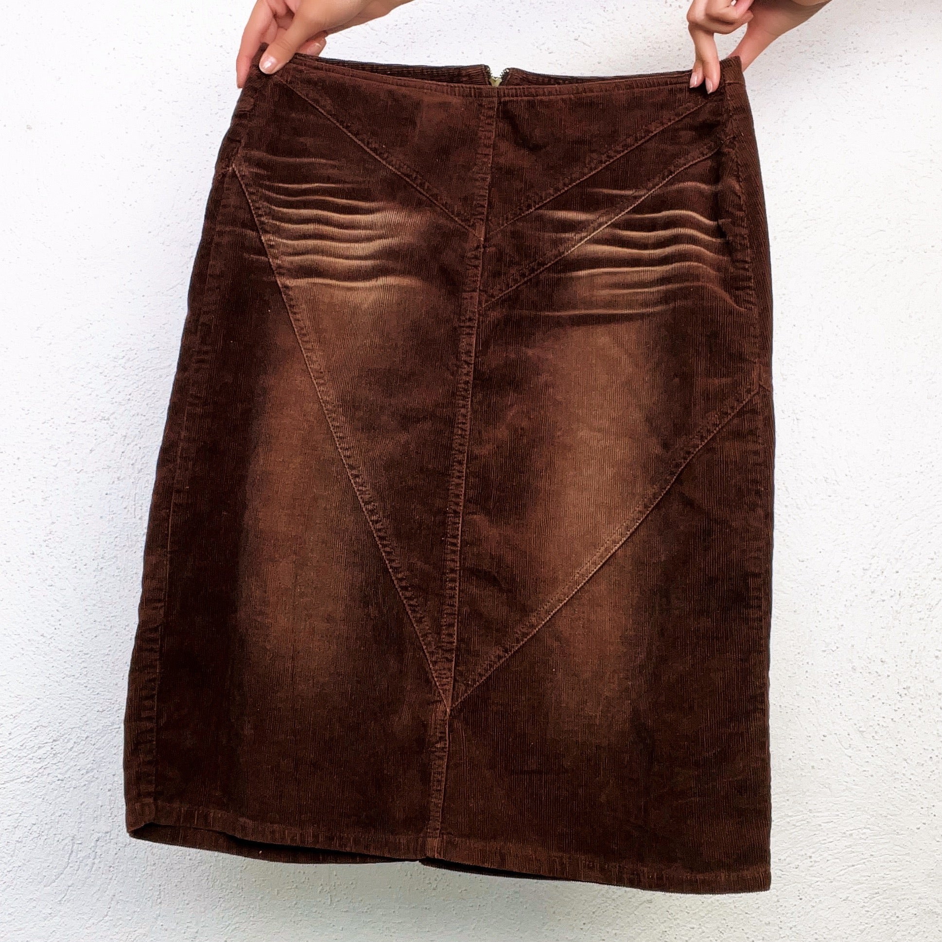 Distressed Brown Corduroy Midi Skirt (S)