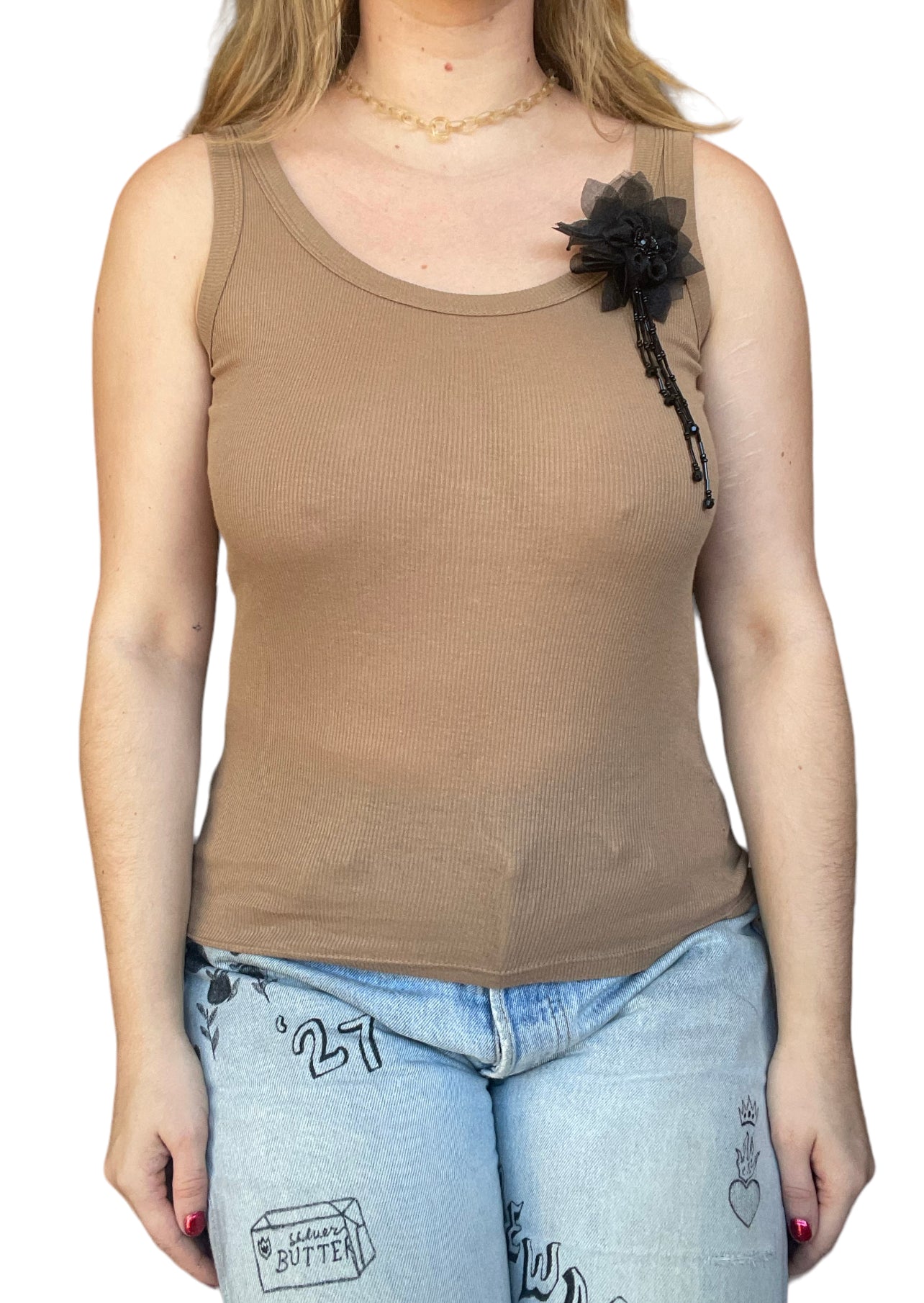 1990s Toffee Color Cotton Cashmere Tank with Black Flower Brooch (M/L)