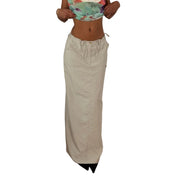 Euro vintage Y2K ivory cream low-rise cargo maxi skirt with drawstring waist & utility pockets