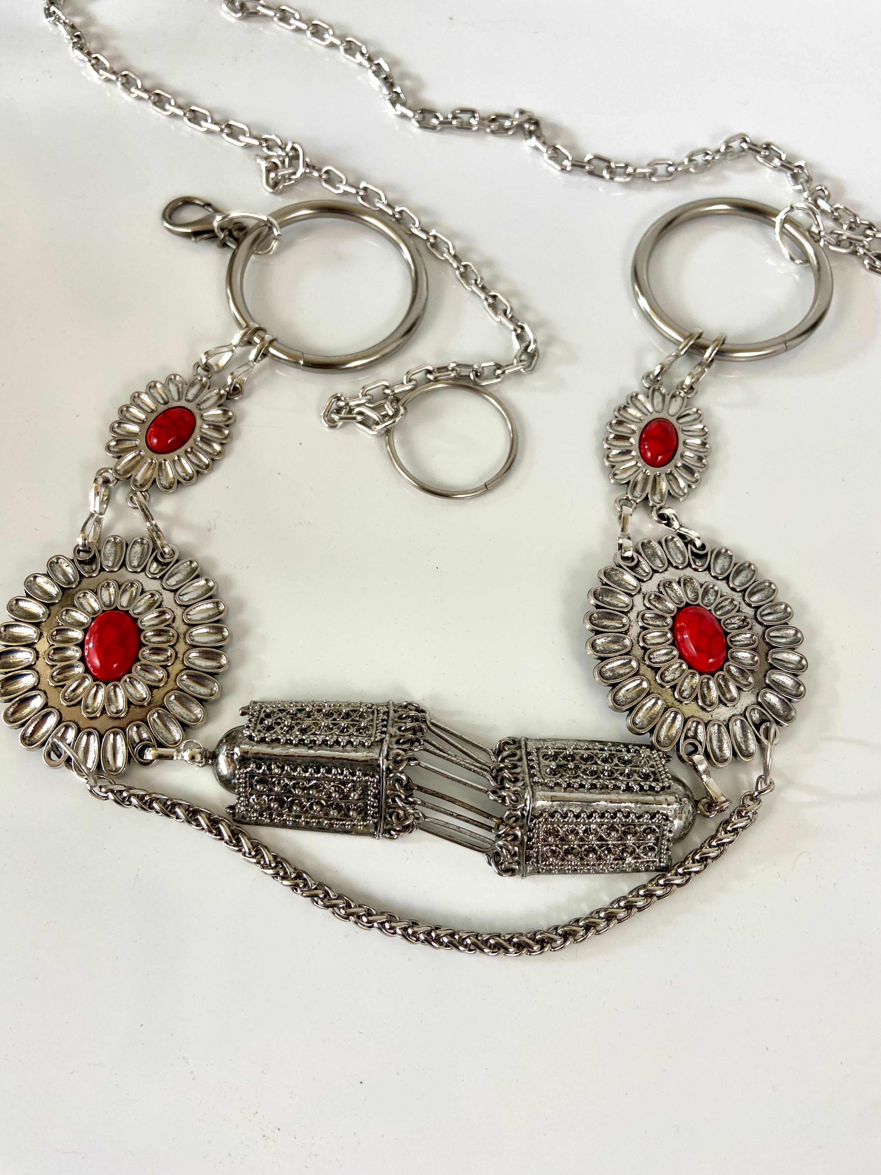 Silver red tone waist belt