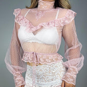 1970s Pink Lace Ruffle Blouse (S)