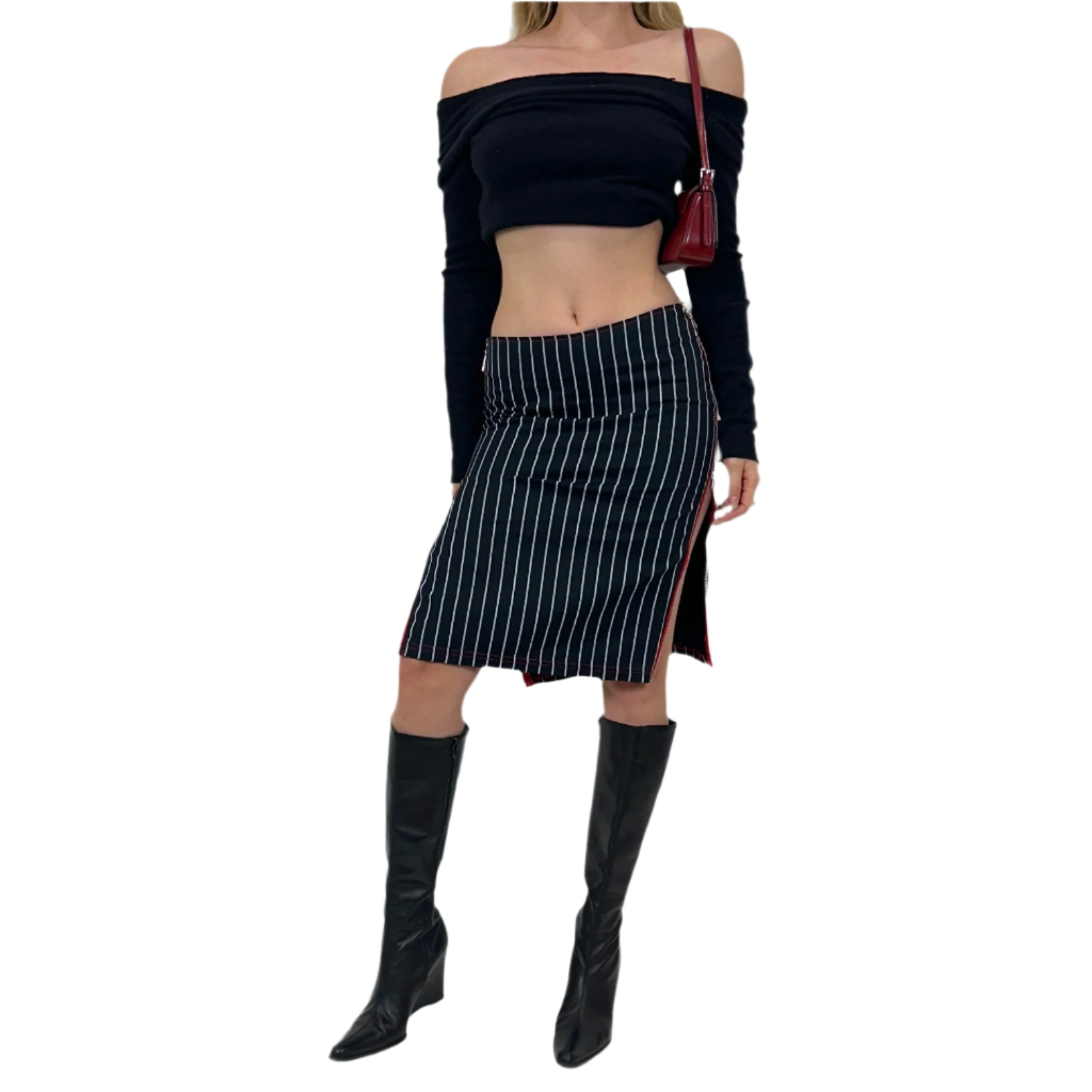 Vintage Striped Zipper Midi Skirt (S)