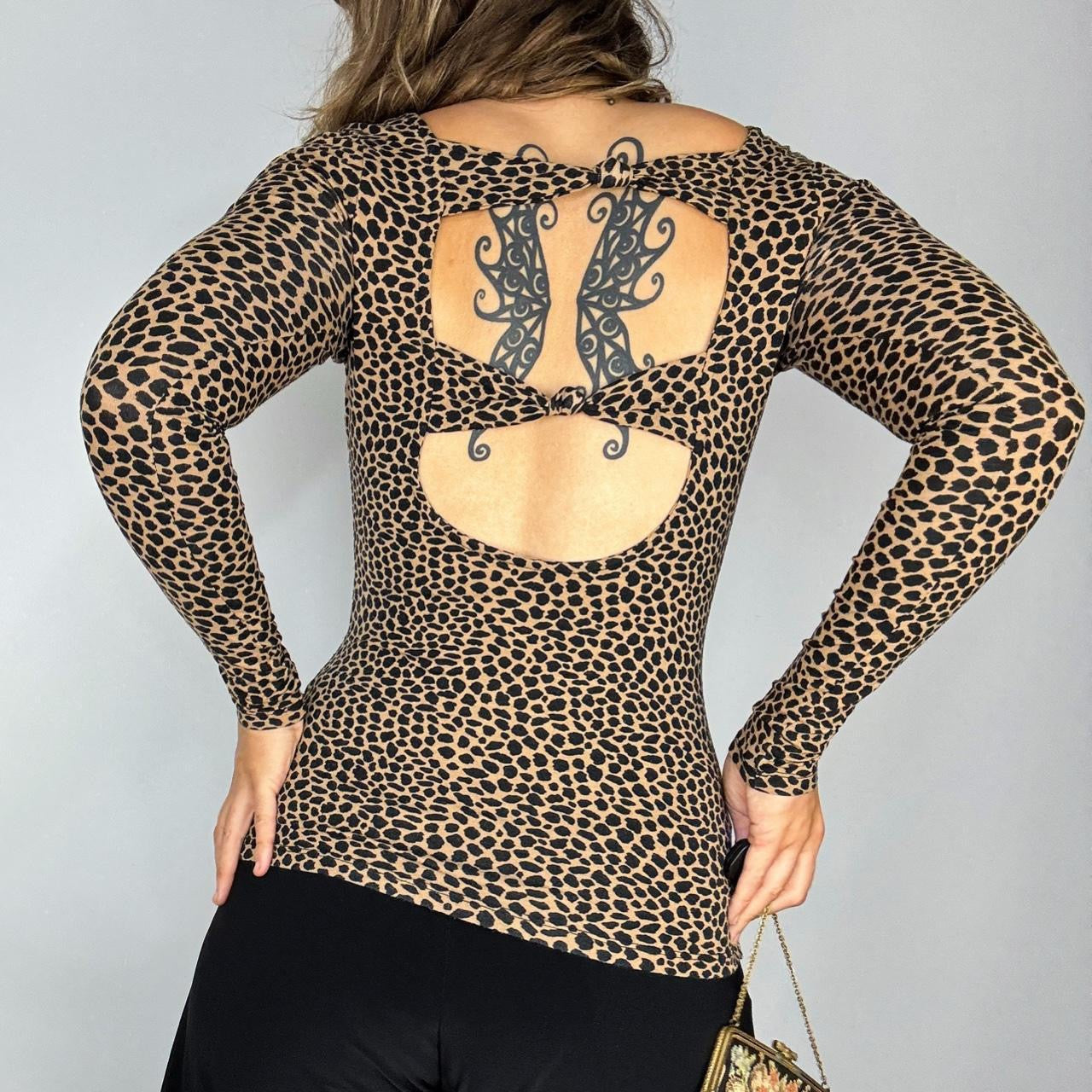Morgan De Toi Leopard Print Open Back Scoop Neck Long Sleeve Top (XS)