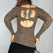 Morgan De Toi Leopard Print Open Back Scoop Neck Long Sleeve Top (XS)