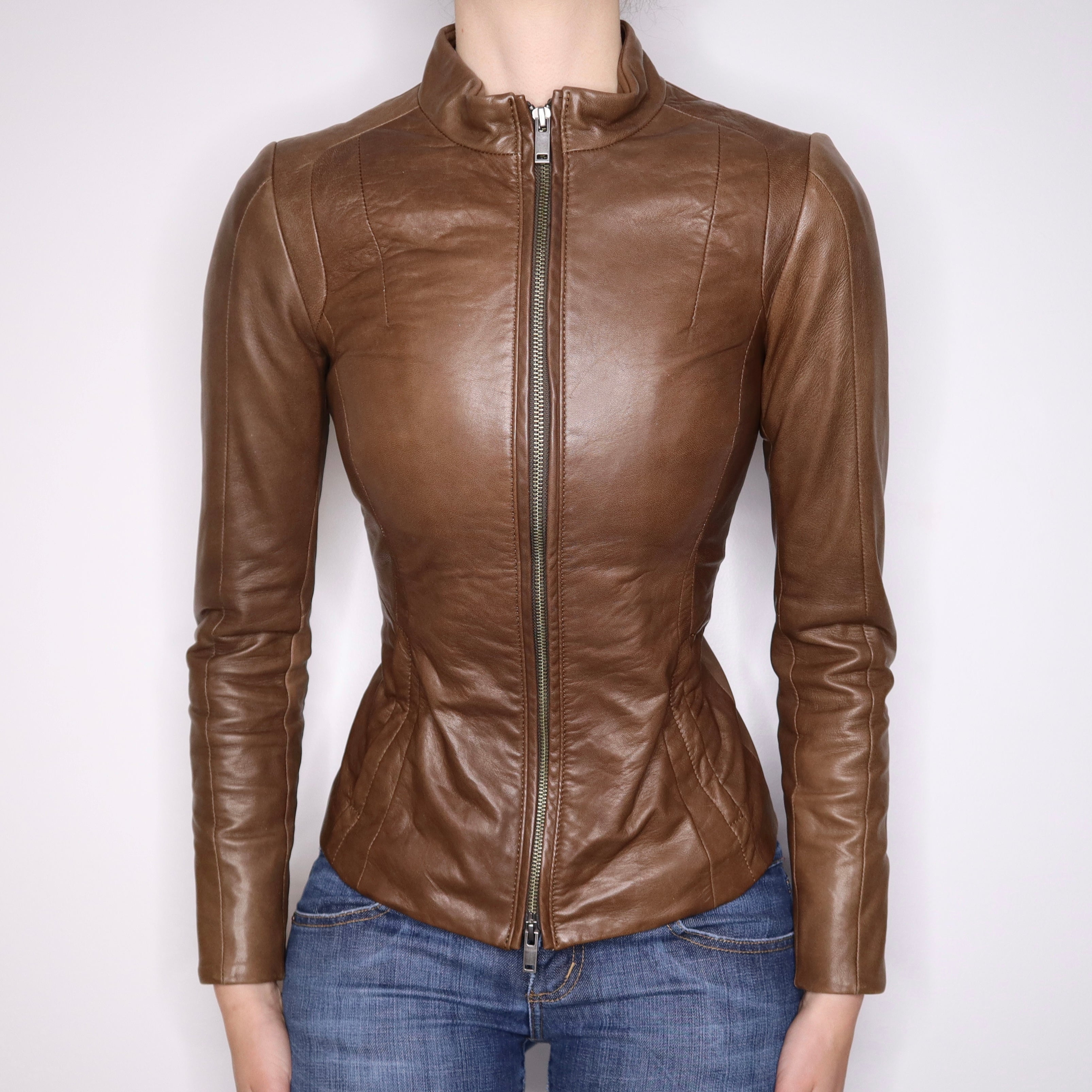 Y2K Sexy Fitted Brown Italian Leather Jacket (XXS)