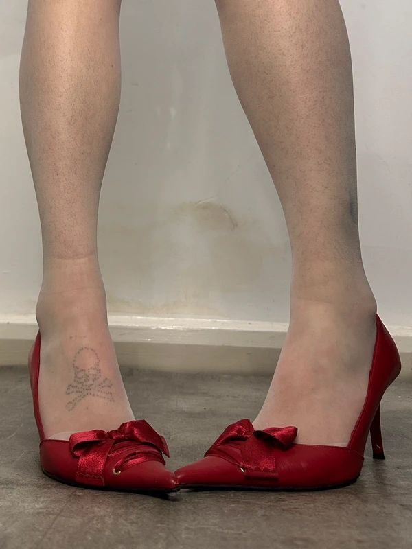 Vintage Red Bow Lace Up Pointed Toe Stiletto Heels (UK 5)