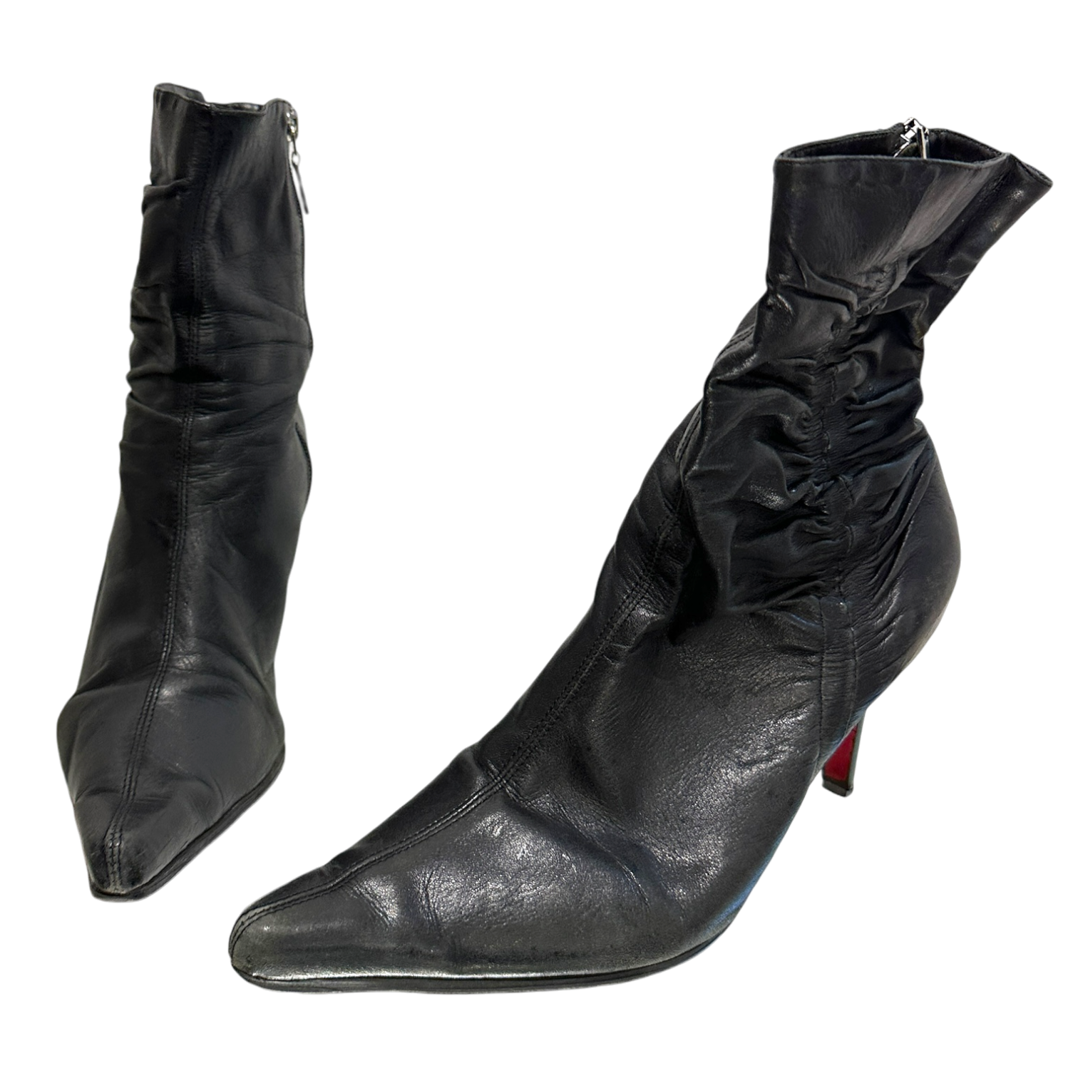 Vintage Y2K 2000s Black Pointed Toe Ruched Ankle Boots (US 7 UK 5 EU 38)