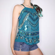 Y2K Teal Beaded Silk Top (M)