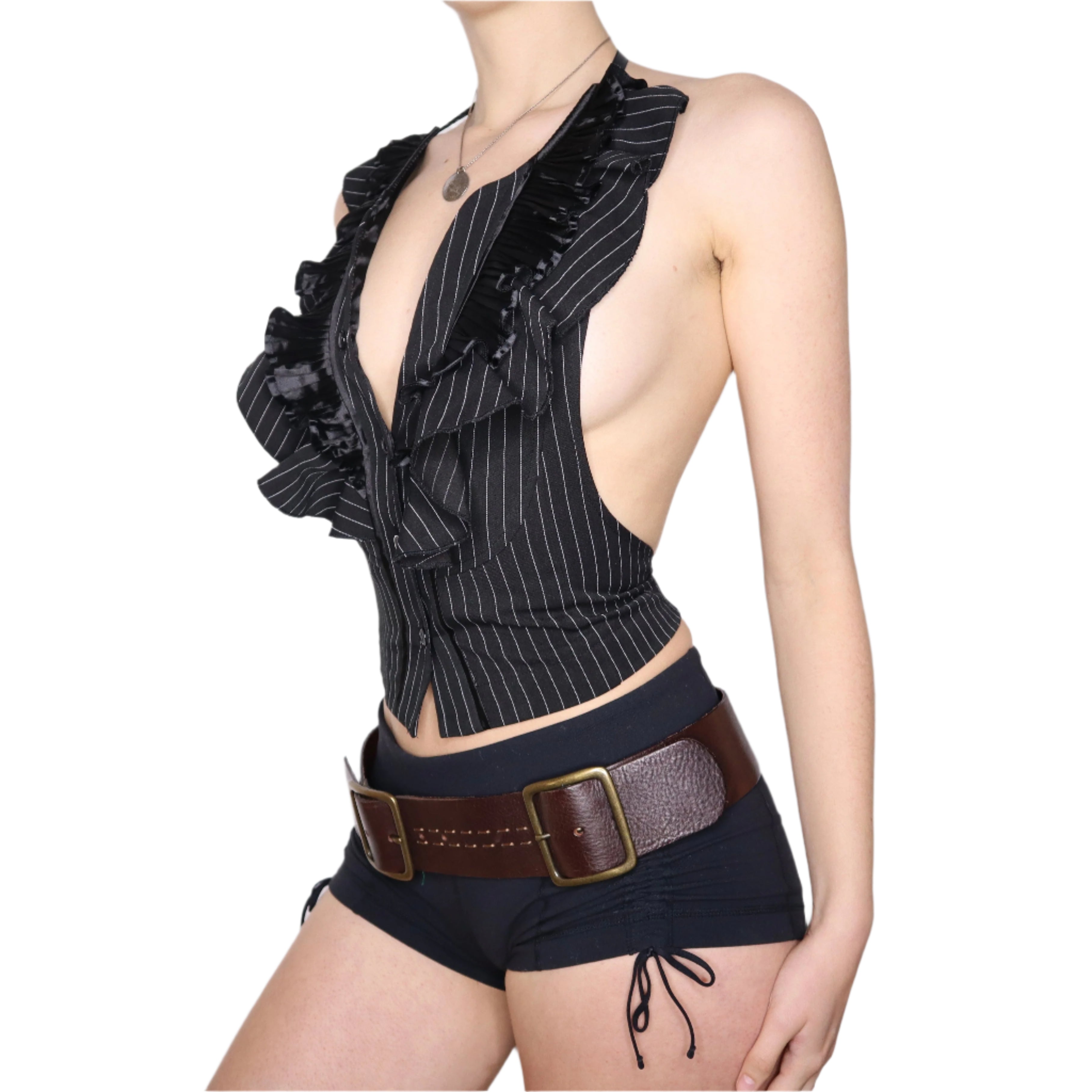 Y2K Pinstripe Backless Ruffle Vest (S)