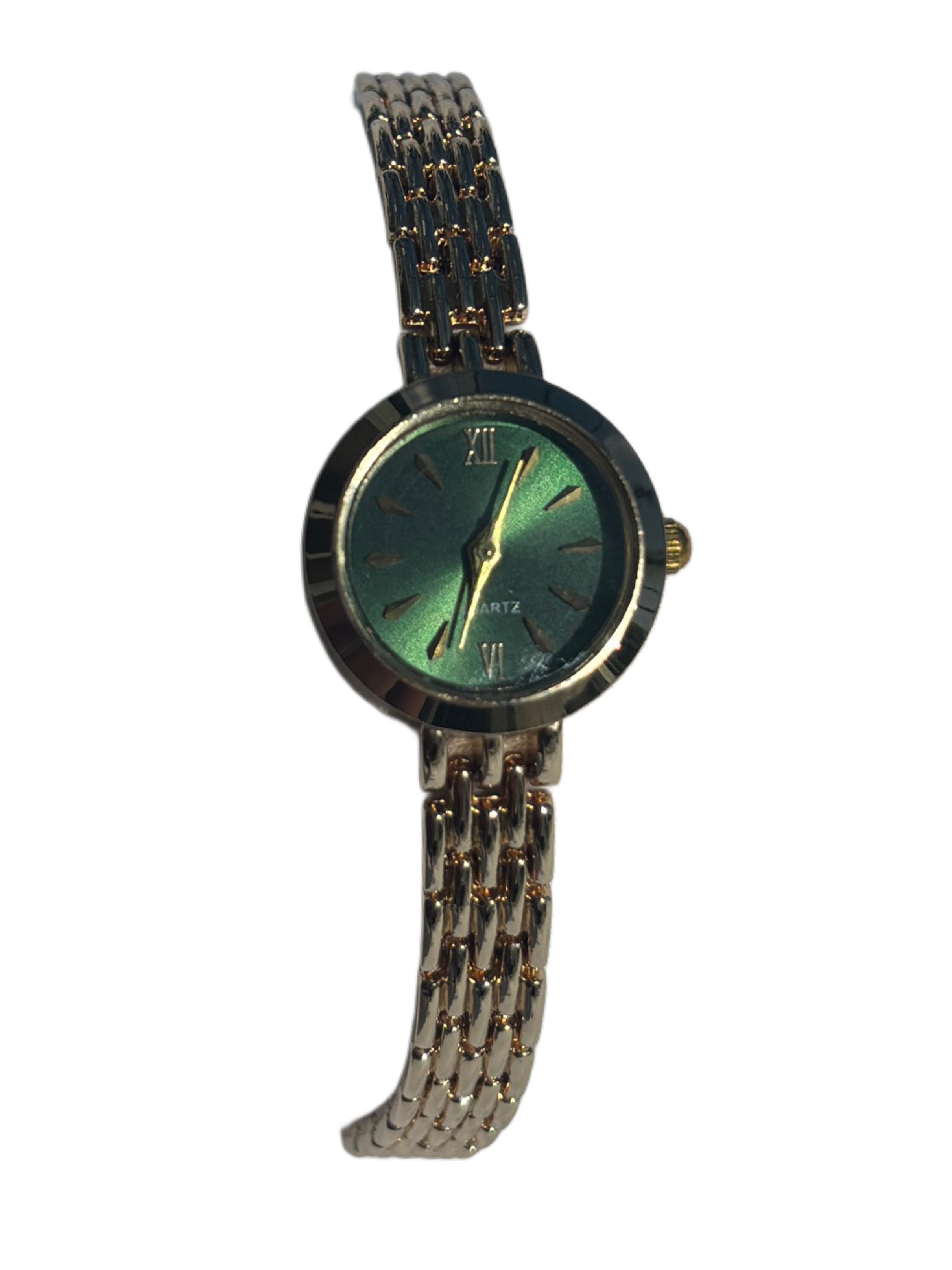 dainty 2000s forest green & gold watch