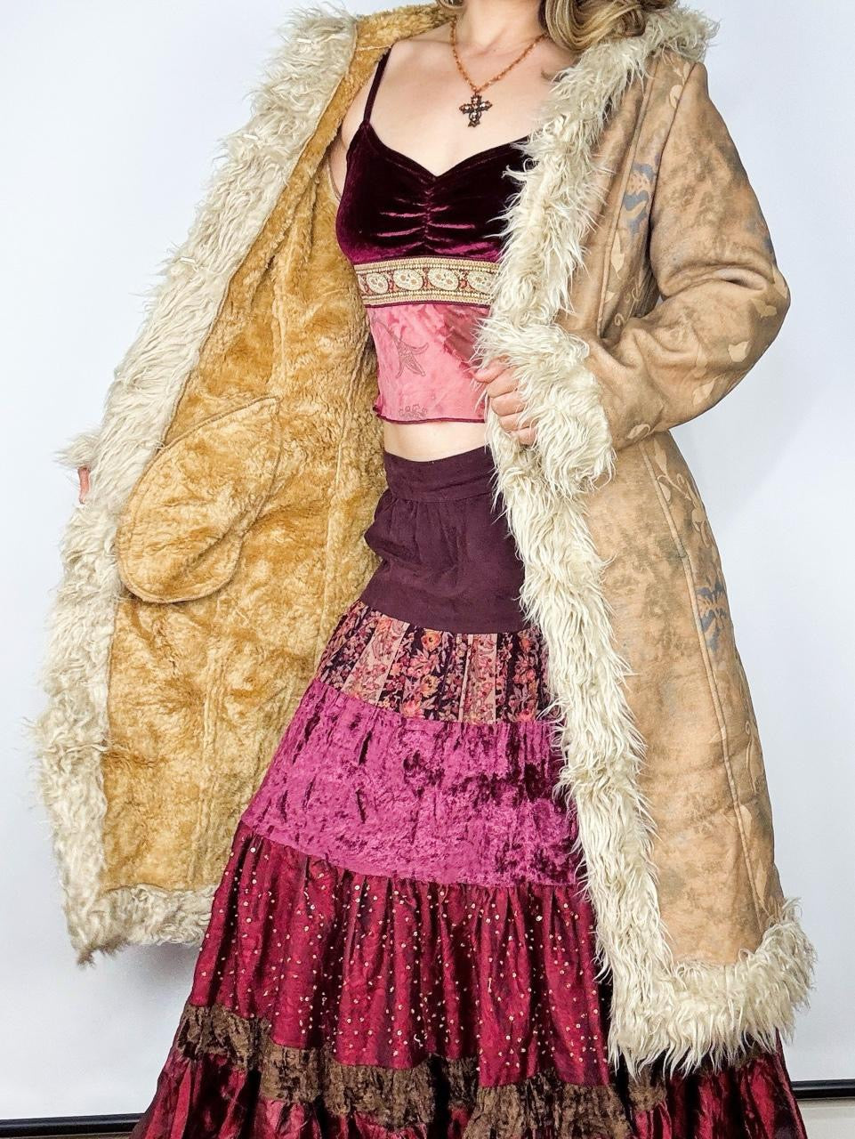 Y2K Faux Fur Trim Paisley Penny Lane Coat (M/L)