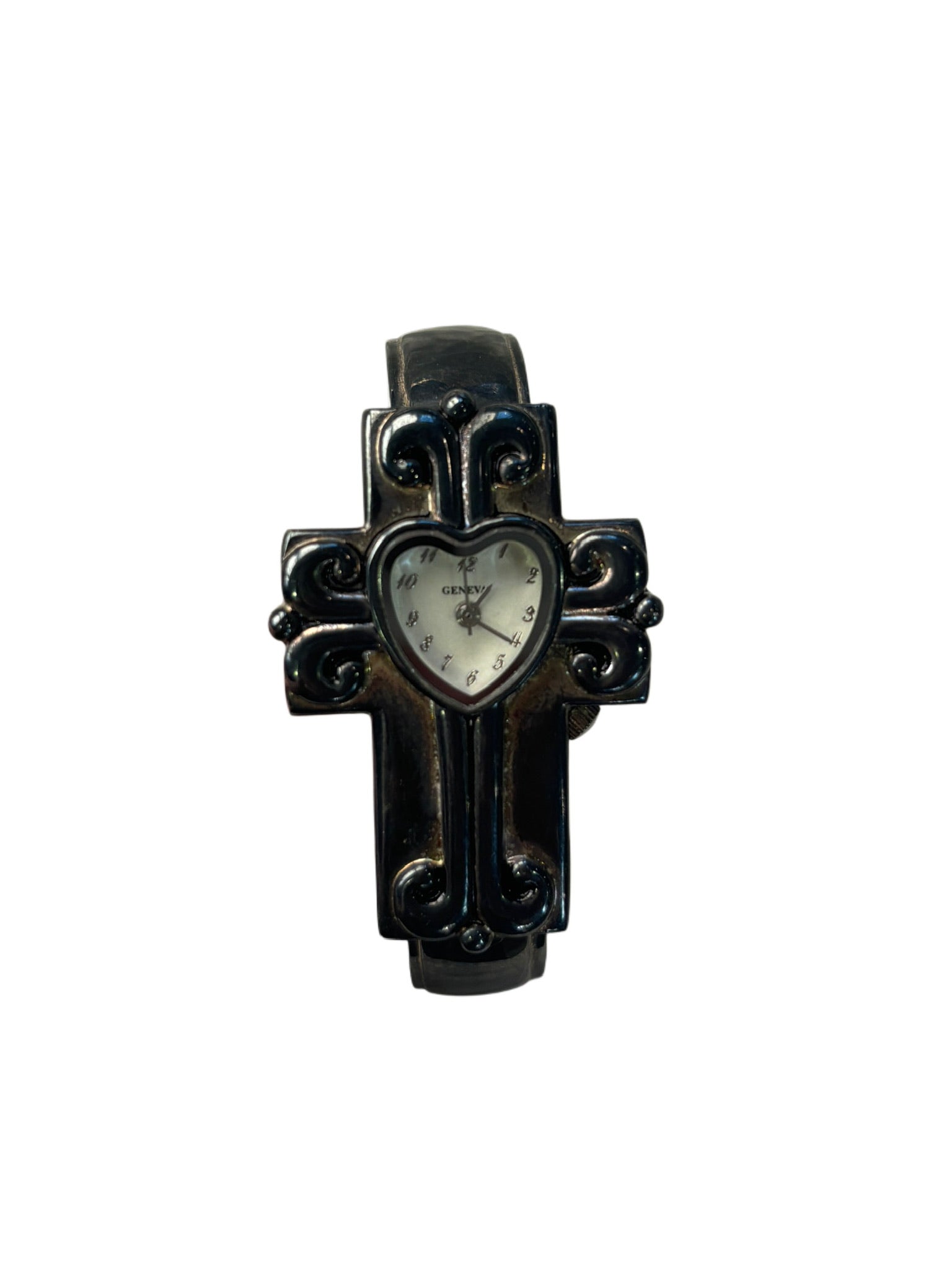 Vintage Oxidized Gunmetal Geneva Cross Cuff Style Wristwatch