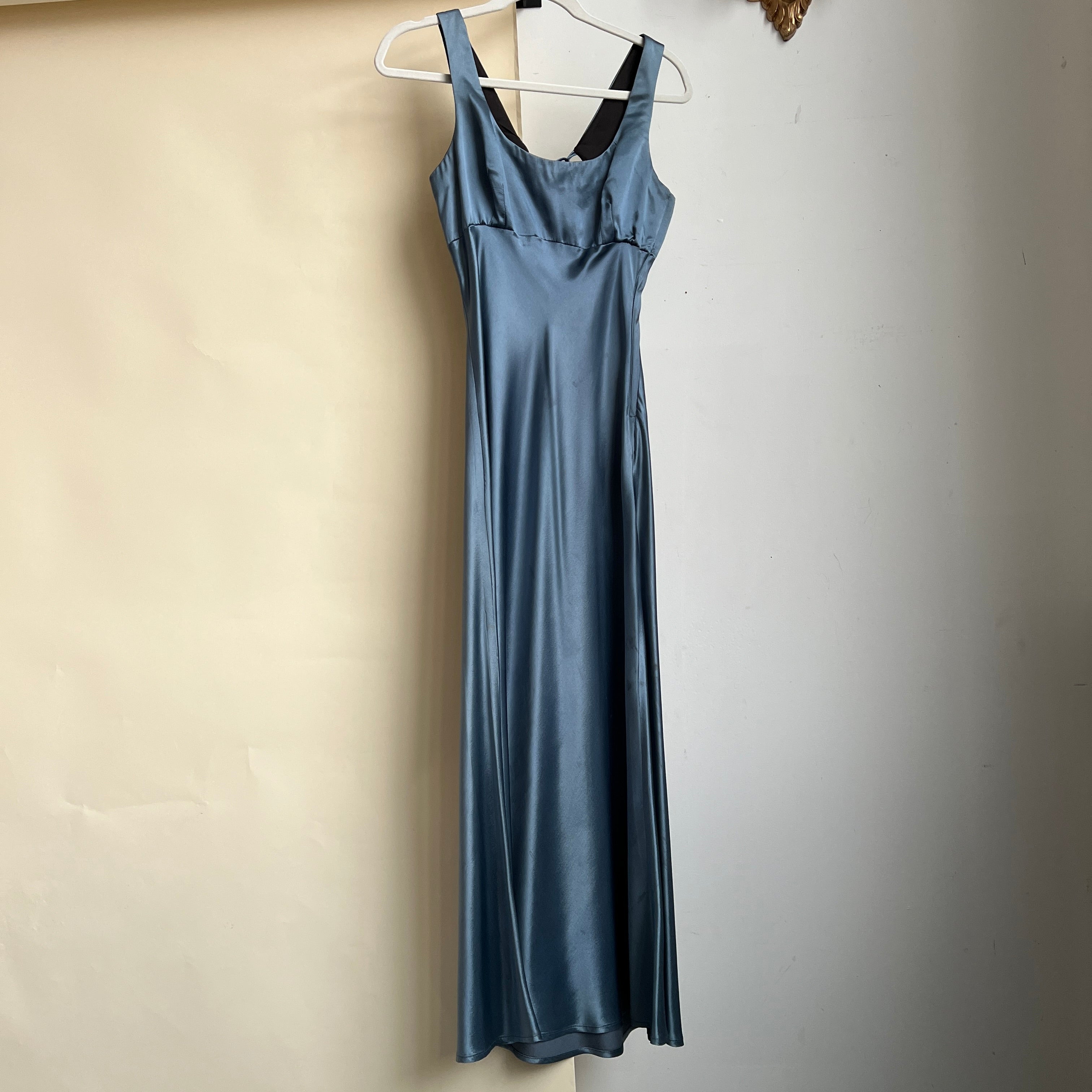 Vintage 90s dusty blue satin maxi dress (S/M)