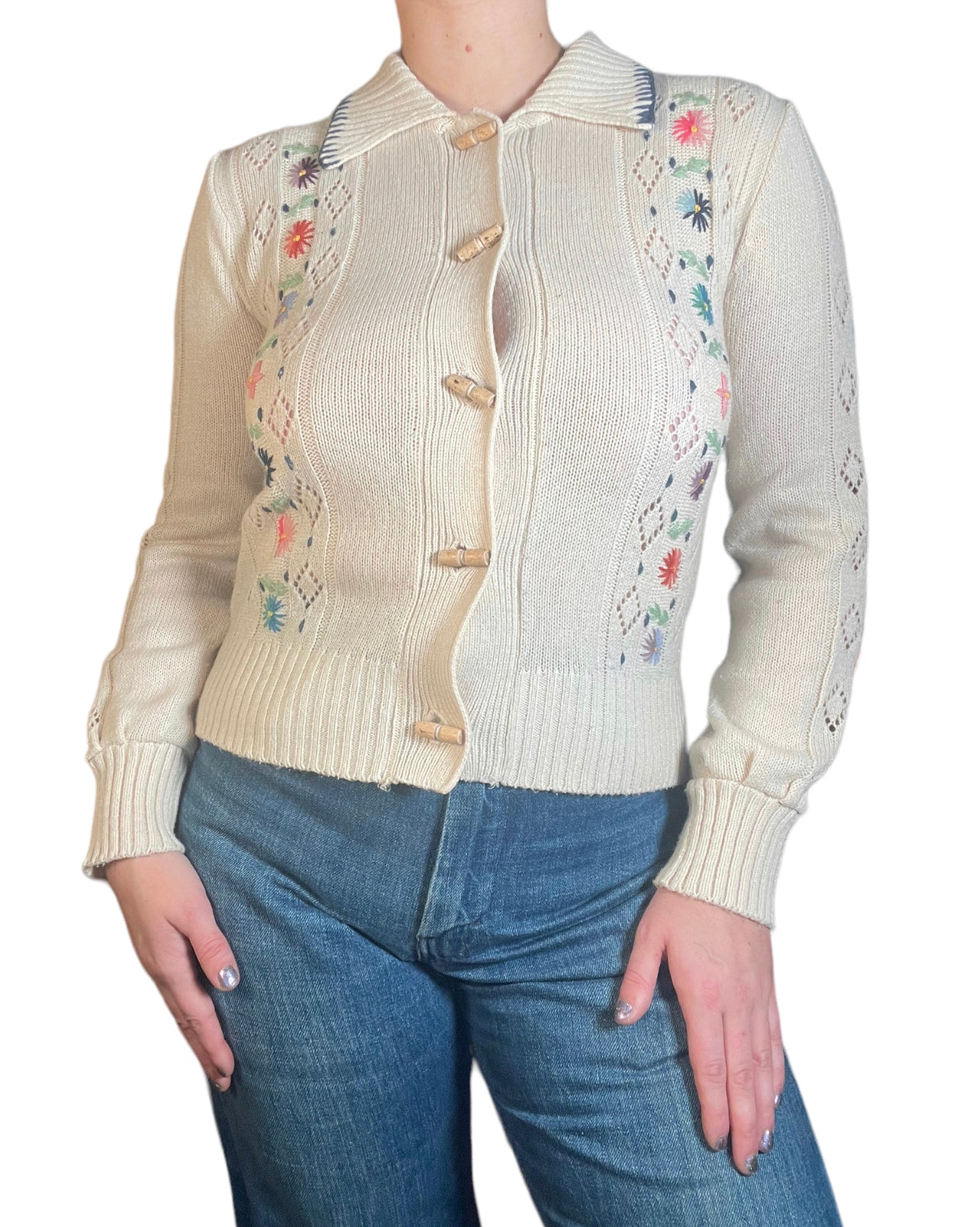 70s Cream Wool Embroidered Sweater (S/M)