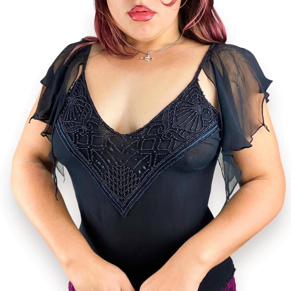 90s Beaded Silk Flutter Sleeve Top (S)