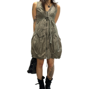 Parisian French Vintage Utility Khaki Green Cargo Midi Dress (S/M)