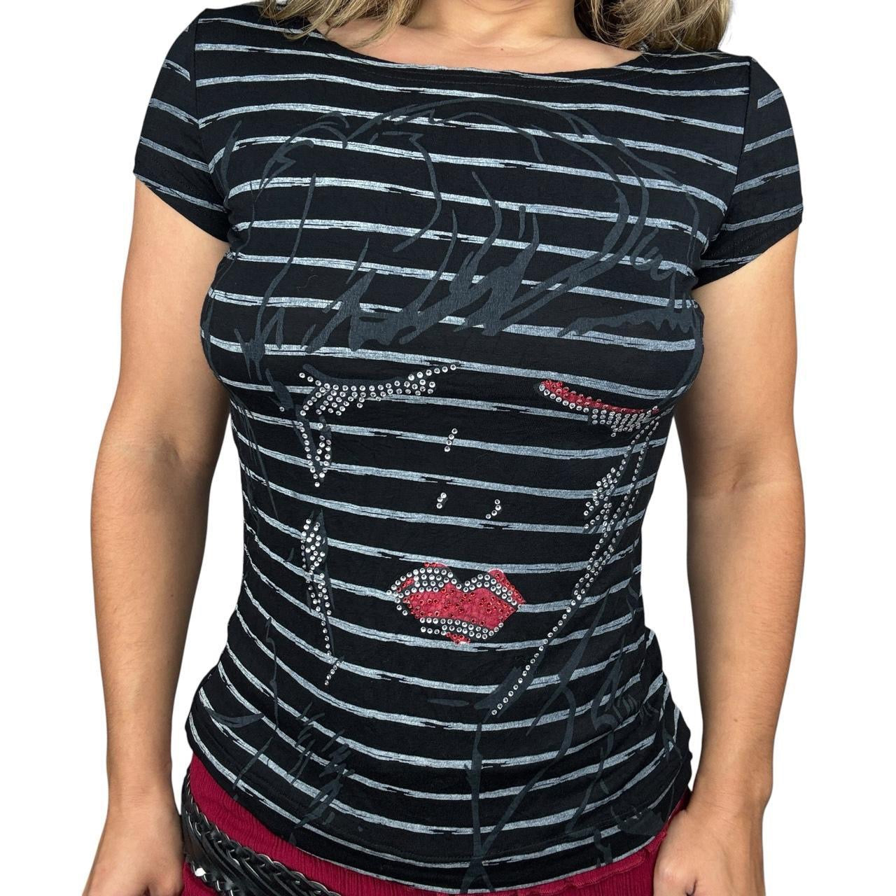 Euro Y2K Rhinestone Portrait Graphic Striped Baby Tee (S/M)