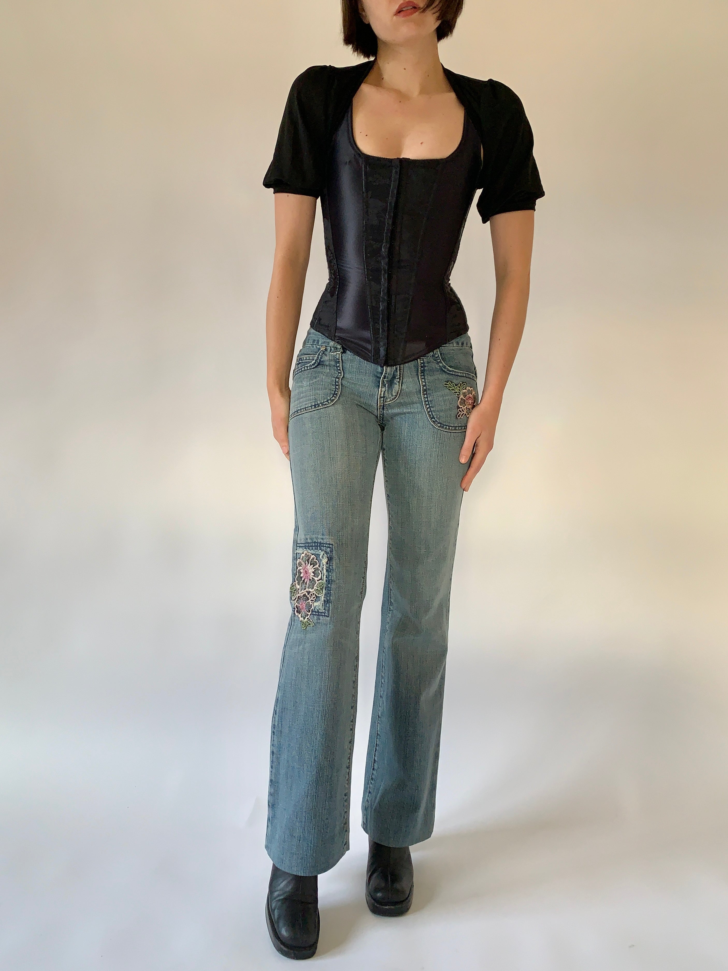 Y2K Floral Embroidered Jeans (S)
