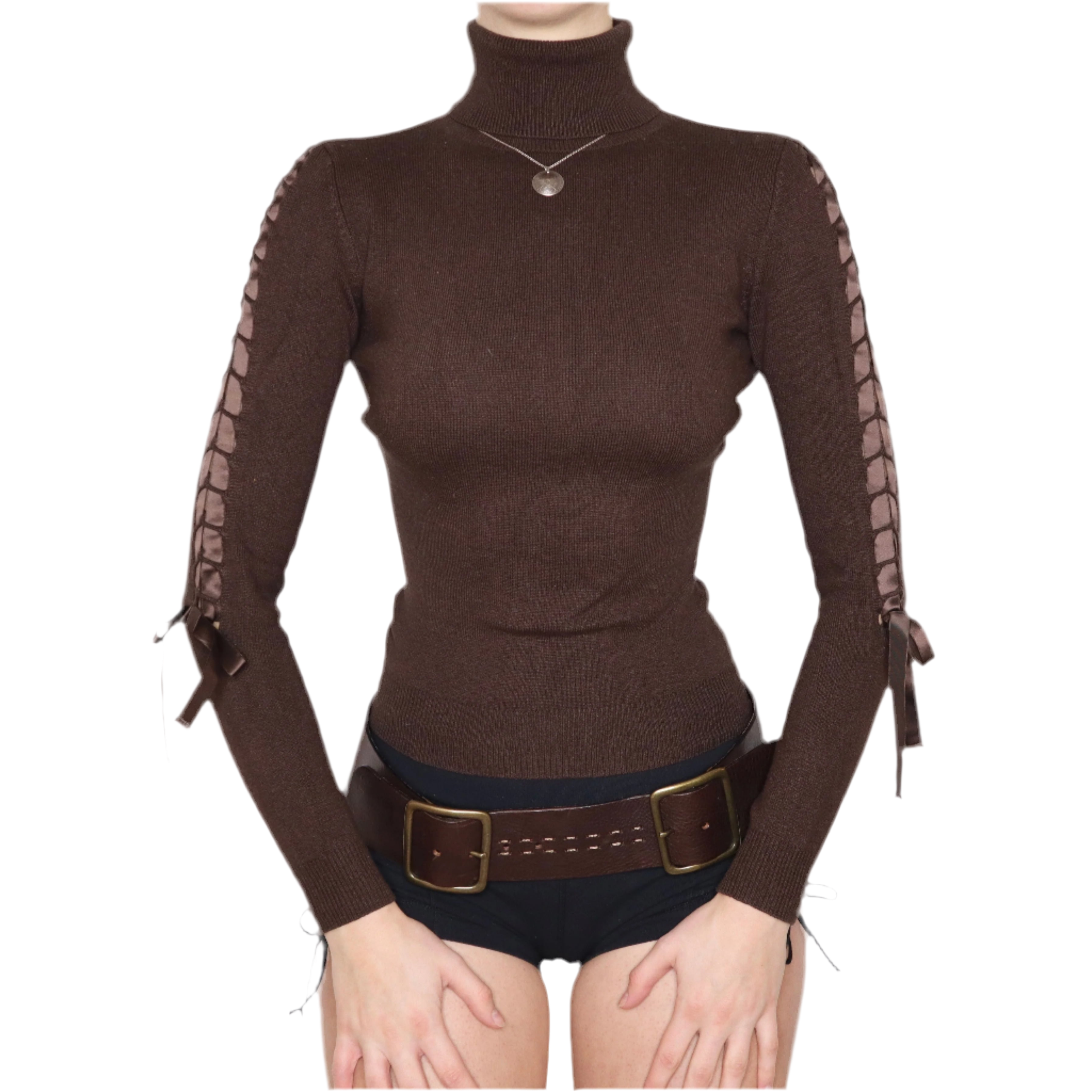 Y2K Brown Ribbon Turtleneck Sweater (XS/S)
