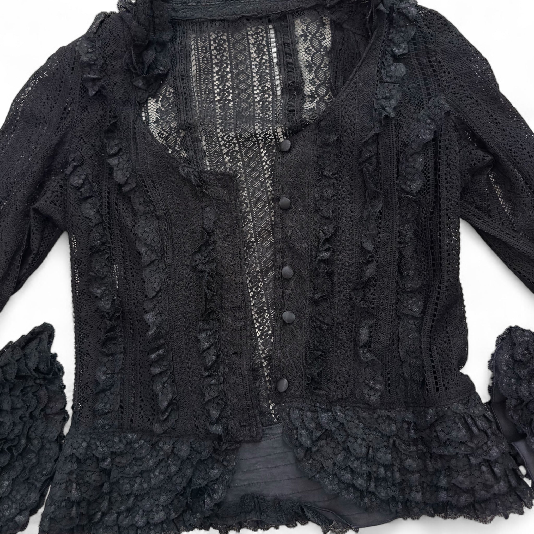 Vintage black ruffle button up blouse S/M)