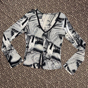 Italian Surrealist Print Eyelet Cutout Long Sleeve (S/M)