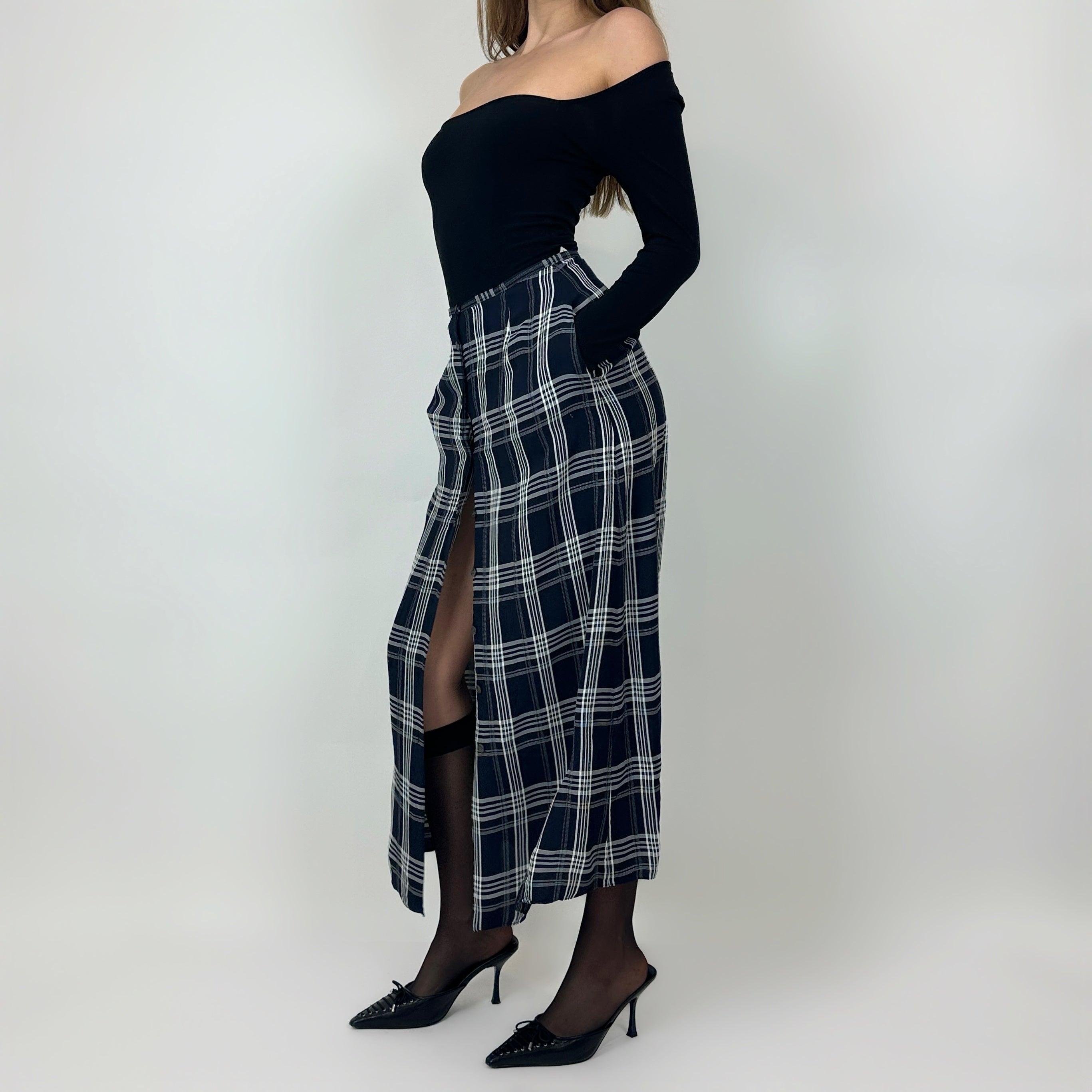 Vintage Navy Plaid Maxi Skirt (S)