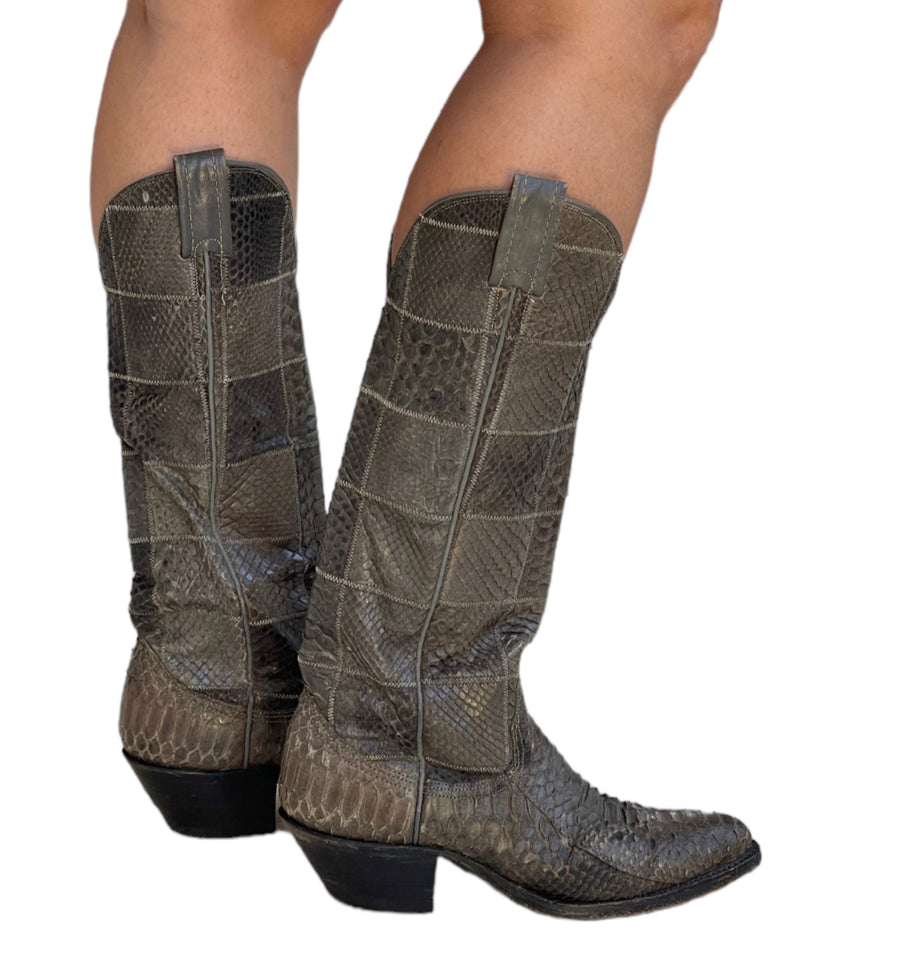 70s Grey Snakeskin Patch Cowboy Boots (6.5)