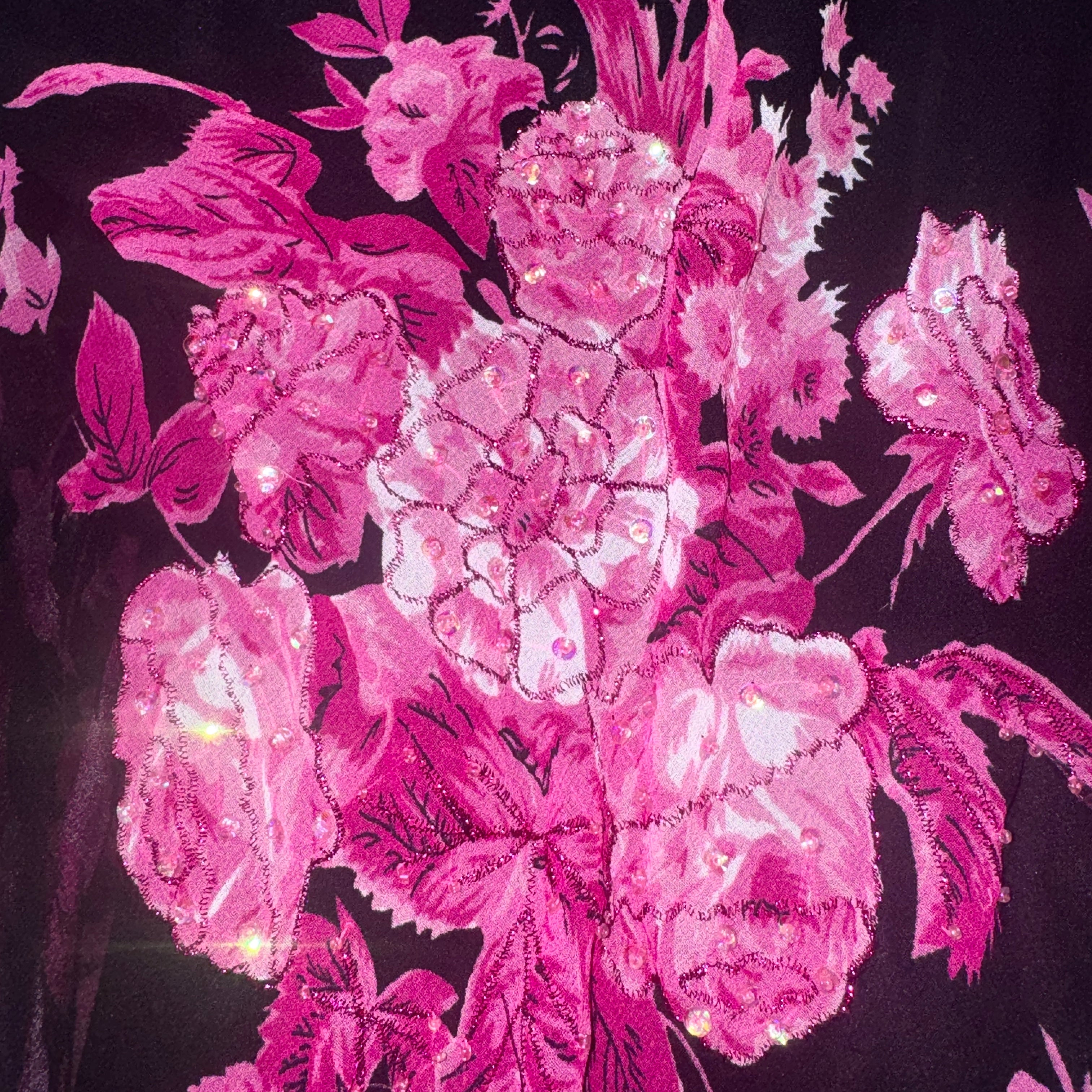 Y2K Pink & Black Floral Handkerchief Hem Midi Dress (XL)