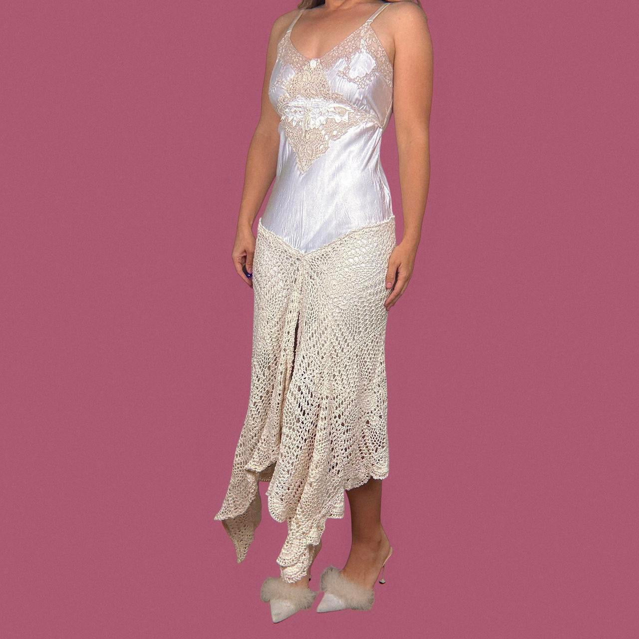 Upcycled Antique Silk & Crochet Dress (S)